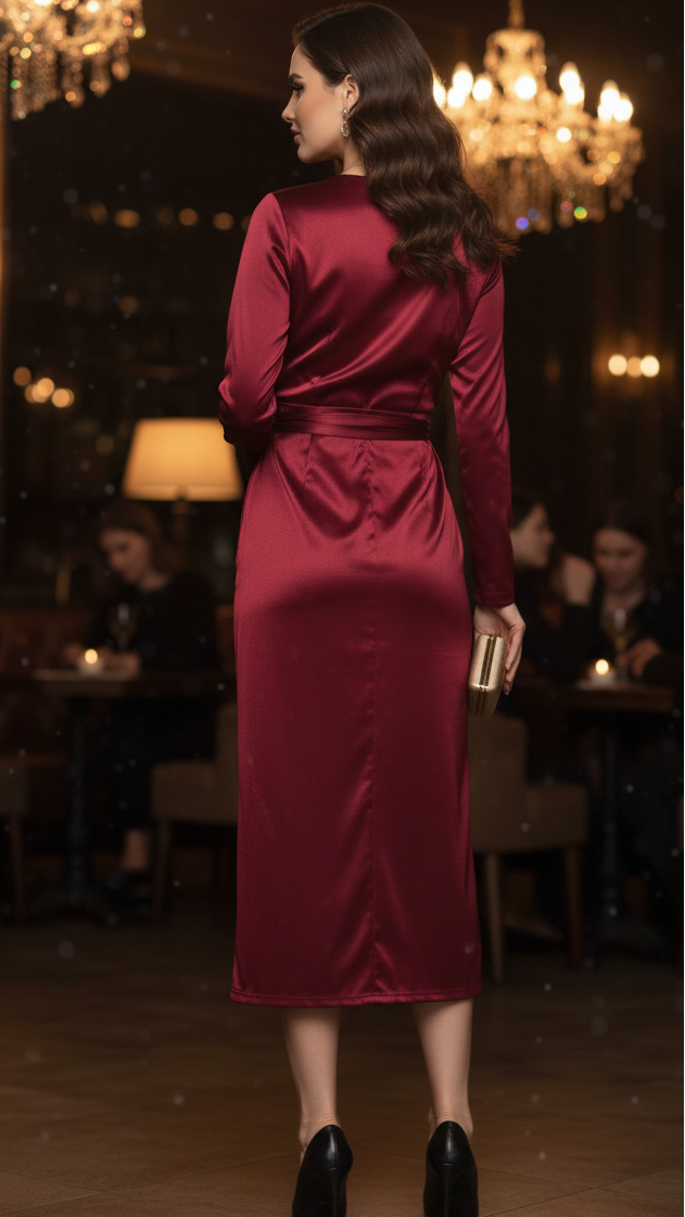 Stylish women's spring formal midi dress in burgundy, a comfortable and elegant wrap design for evenings.