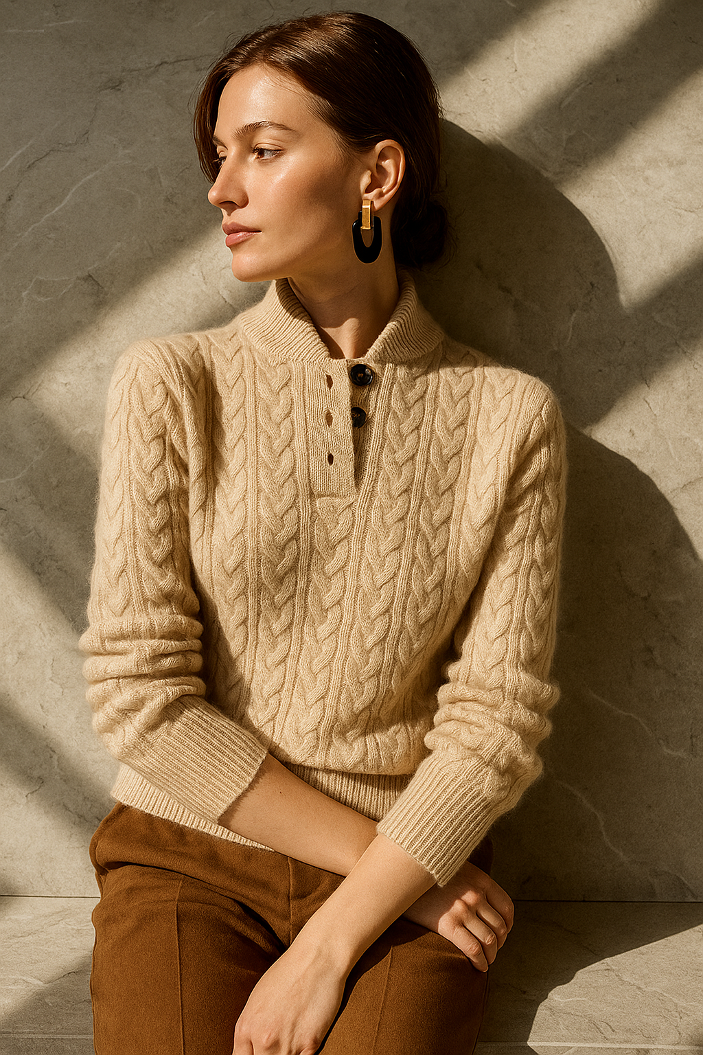 Luxurious cashmere blend cable knit sweater for women, highlighted by its detailed craftsmanship