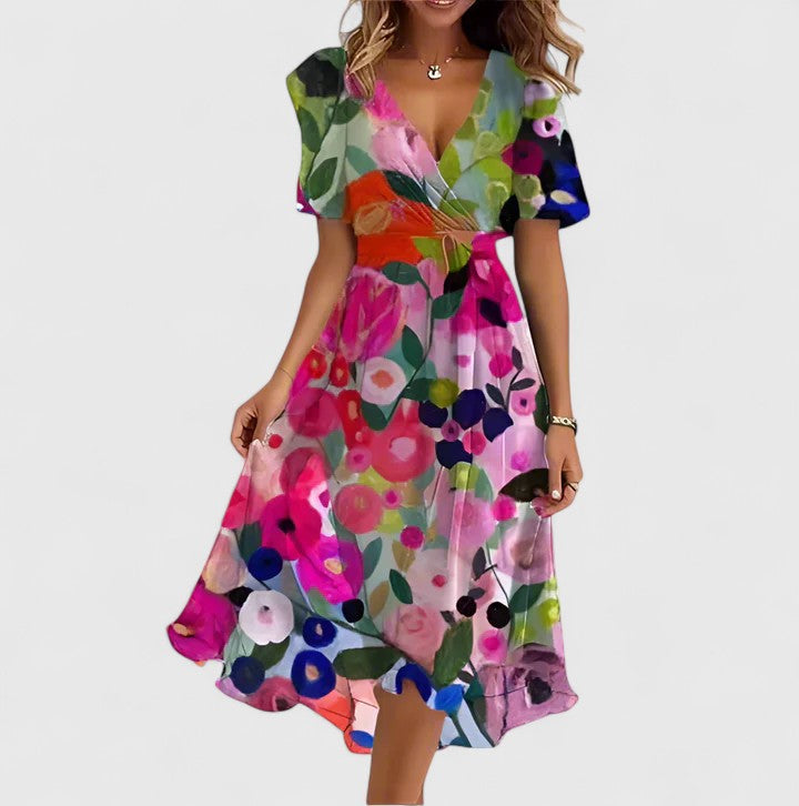 Floral plunge V-neck flutter sleeve midi dress for women. Elegant, perfect for summer parties & special occasions.