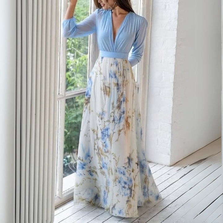Women's V-neck floral maxi dress, a chic and comfortable boho-style long dress for casual or elegant wear.
