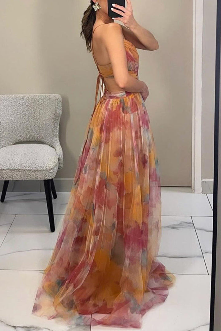 Chic long floral wrap maxi dress, a V-neck evening gown for women attending a wedding.