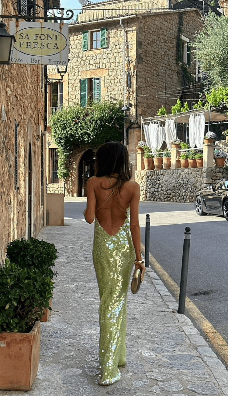 Elegant green sequin maxi dress for women, perfect as an evening gown or formal party dress.
