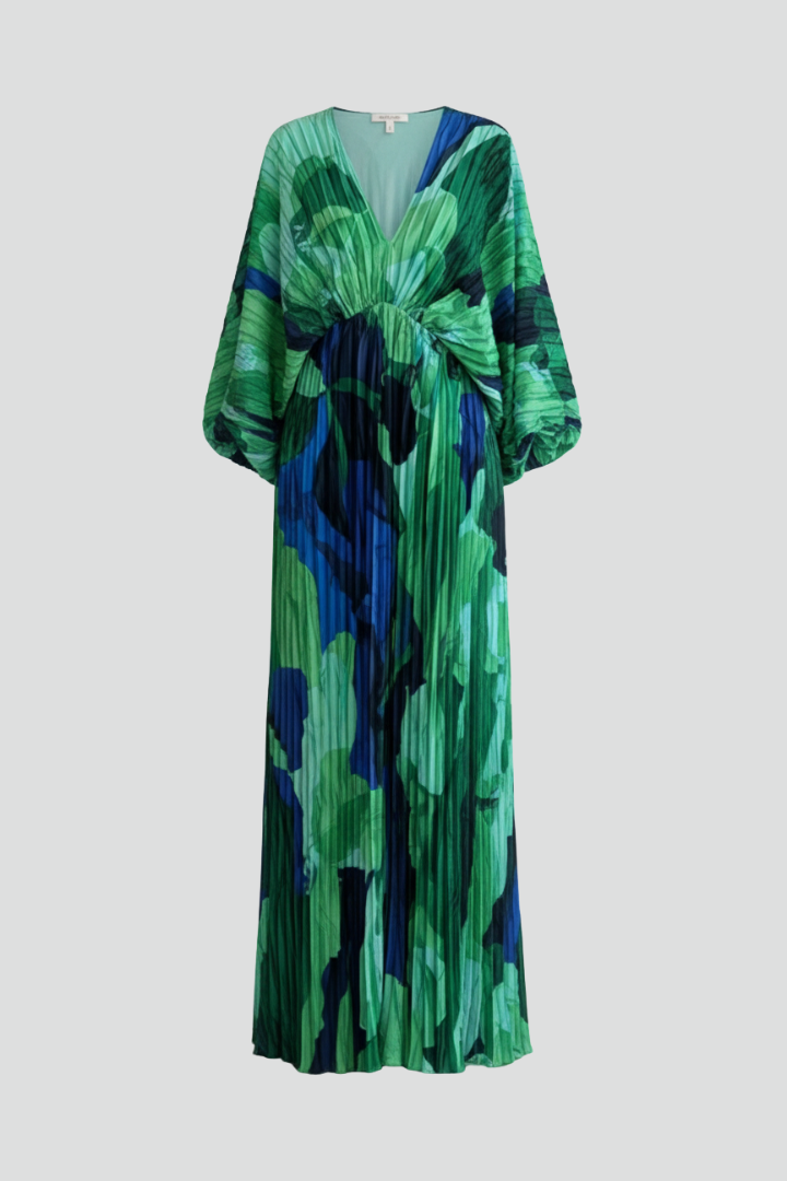 Elegant green women's maxi dress with a V-neck and flowing pleated skirt, perfect for party or evening wear.