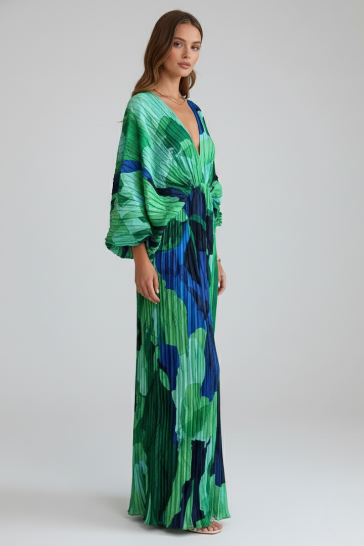 Chic women's pleated maxi dress, elegant V-neck design, ideal for all-season casual or formal occasions.
