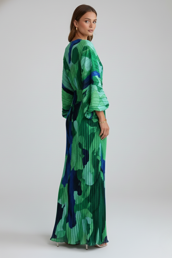 Stylish women's long pleated dress with a flattering V-neck, perfect for spring/fall evening or party wear.