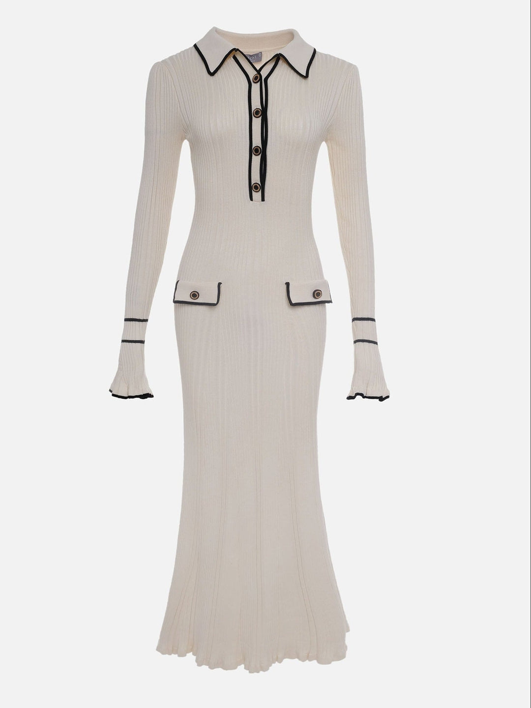 Chic ivory ribbed button-front midi dress, ideal for women's spring and summer fashion.