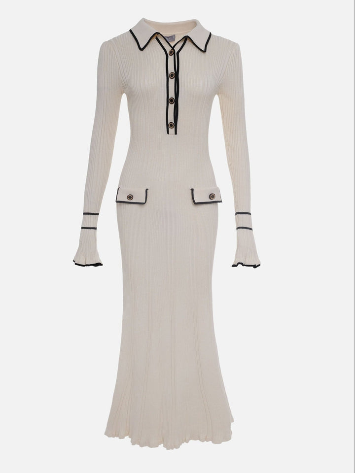 Chic ivory ribbed button-front midi dress, ideal for women's spring and summer fashion.