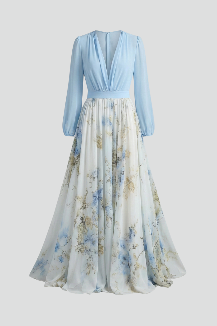 Elegant light blue women's maxi dress with a sophisticated V-neckline and flowing sheer long sleeves, perfect for evening wear.