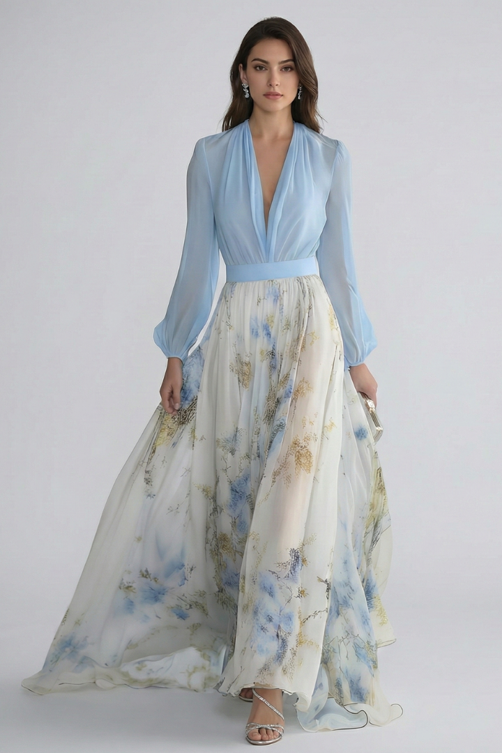 Flowing light blue women's maxi dress featuring a chic V-neck and delicate sheer sleeves, ideal for special occasions.