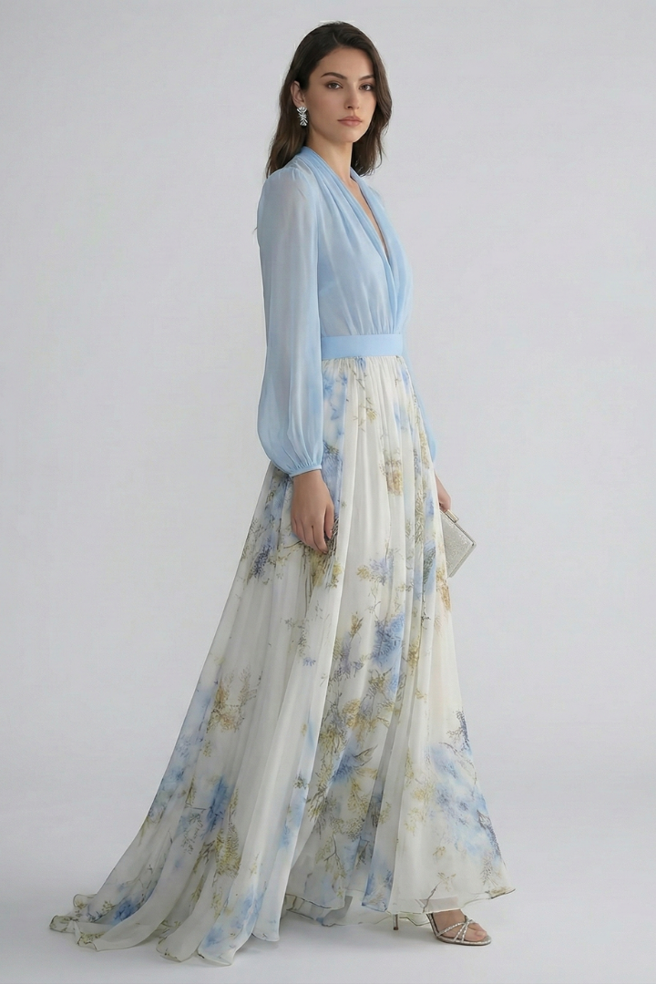 Beautiful light blue women's maxi dress with a stylish V-neckline and sheer long sleeves for an elegant evening look.