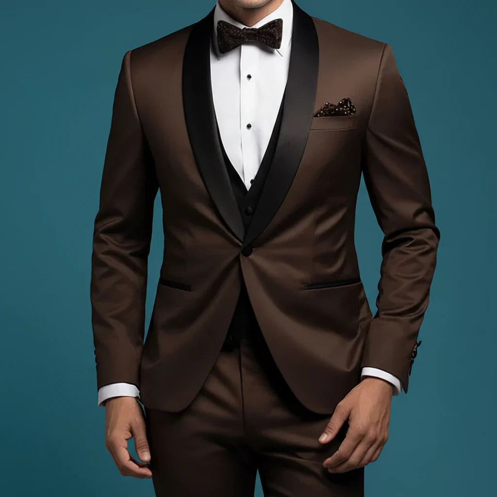 Elegant men's dark brown 3-piece suit with black shawl lapel, perfect for formal events & weddings.