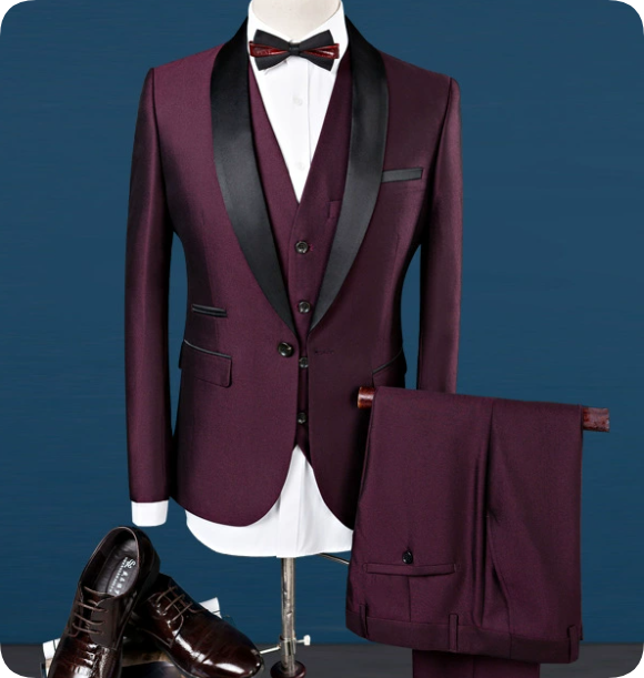 Sophisticated slim-fit men's dark brown 3-piece suit, featuring a stylish black shawl lapel for formal wear.