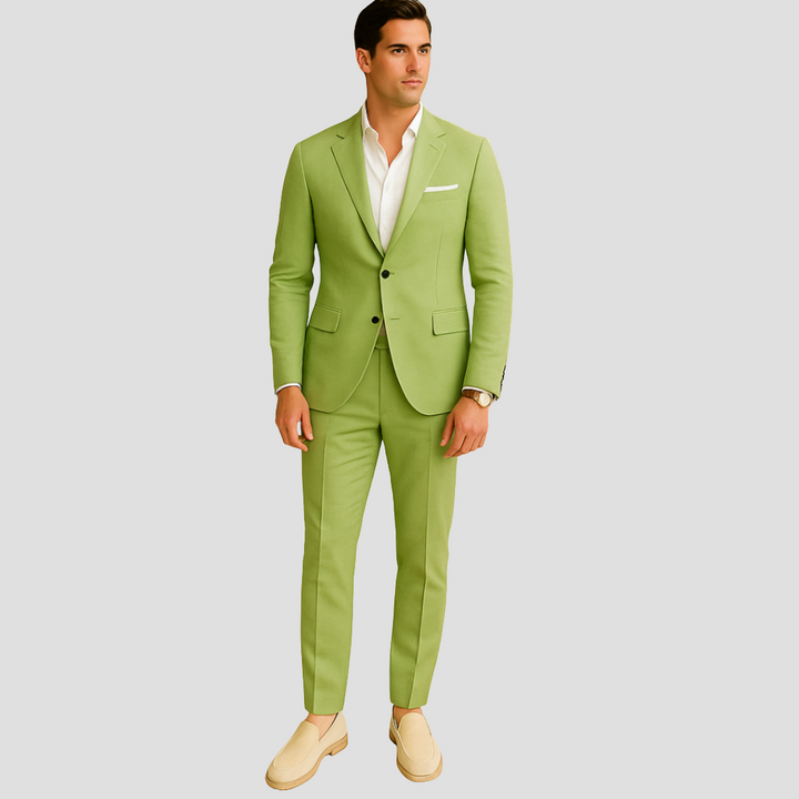 Men's elegant summer suit, a versatile two-piece formal wear set, ideal for sophisticated warm weather events.