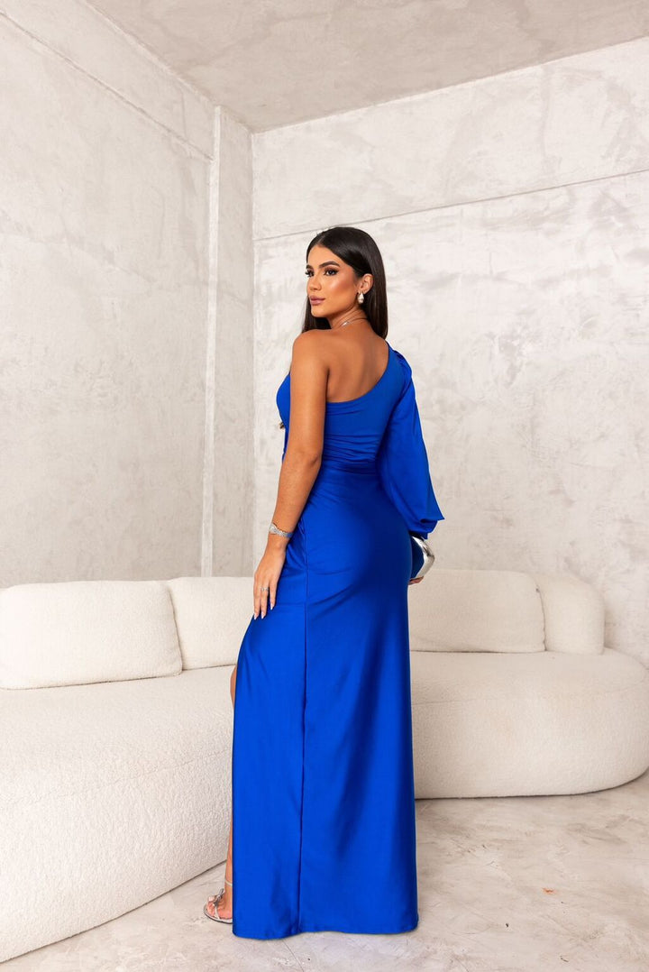 Elegant maxi formal dress with one-shoulder design. Ideal for wedding guests & sophisticated evening events.