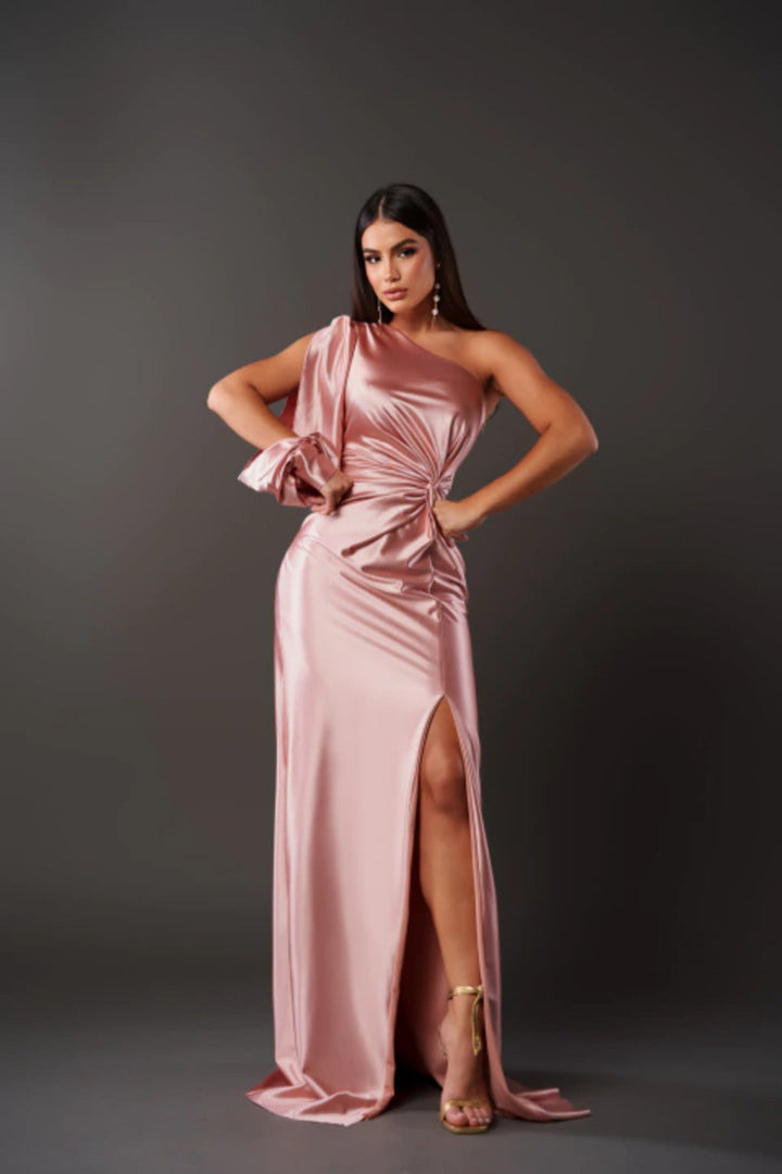 Formal one-shoulder evening gown for women. Elegant maxi dress, perfect for wedding guests & galas.