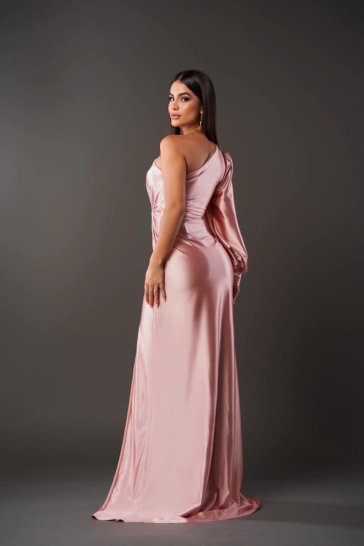 Chic one-shoulder maxi dress for wedding guests. Elegant long formal gown for special occasion parties.