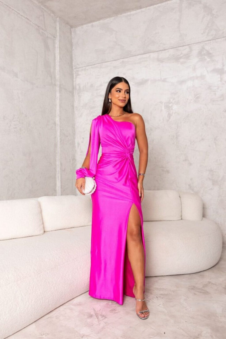 Women's elegant one-shoulder maxi dress for formal events. Perfect wedding guest or gala evening gown.