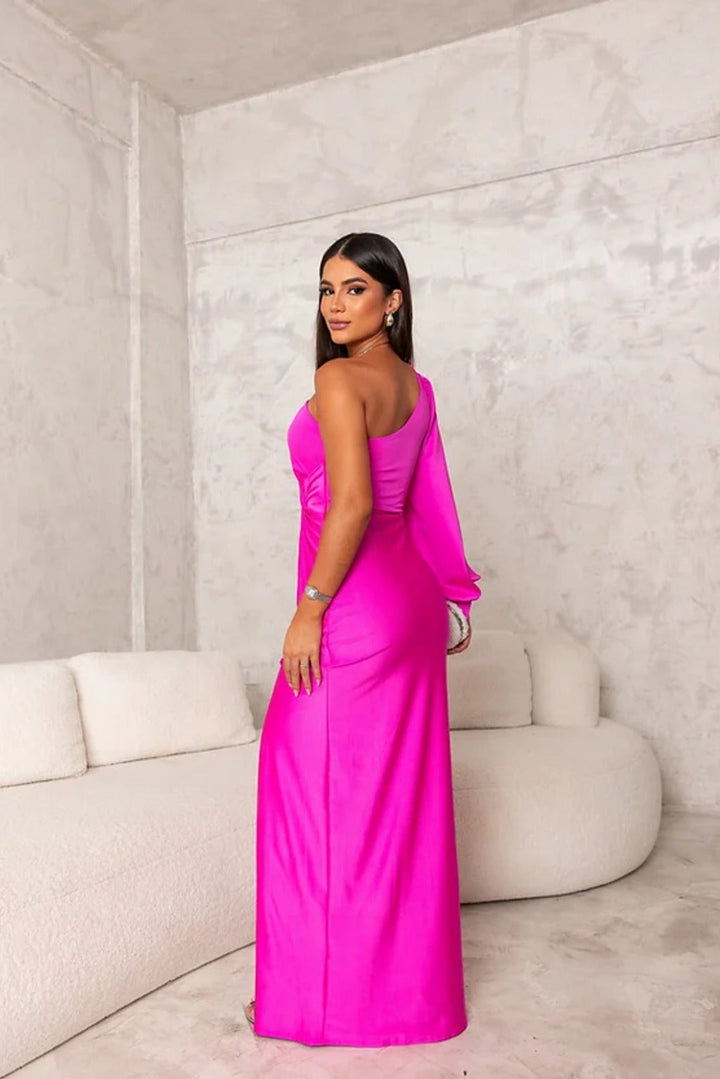 Stylish one-shoulder long dress, ideal for wedding guests. Elegant women's maxi formal attire for parties.