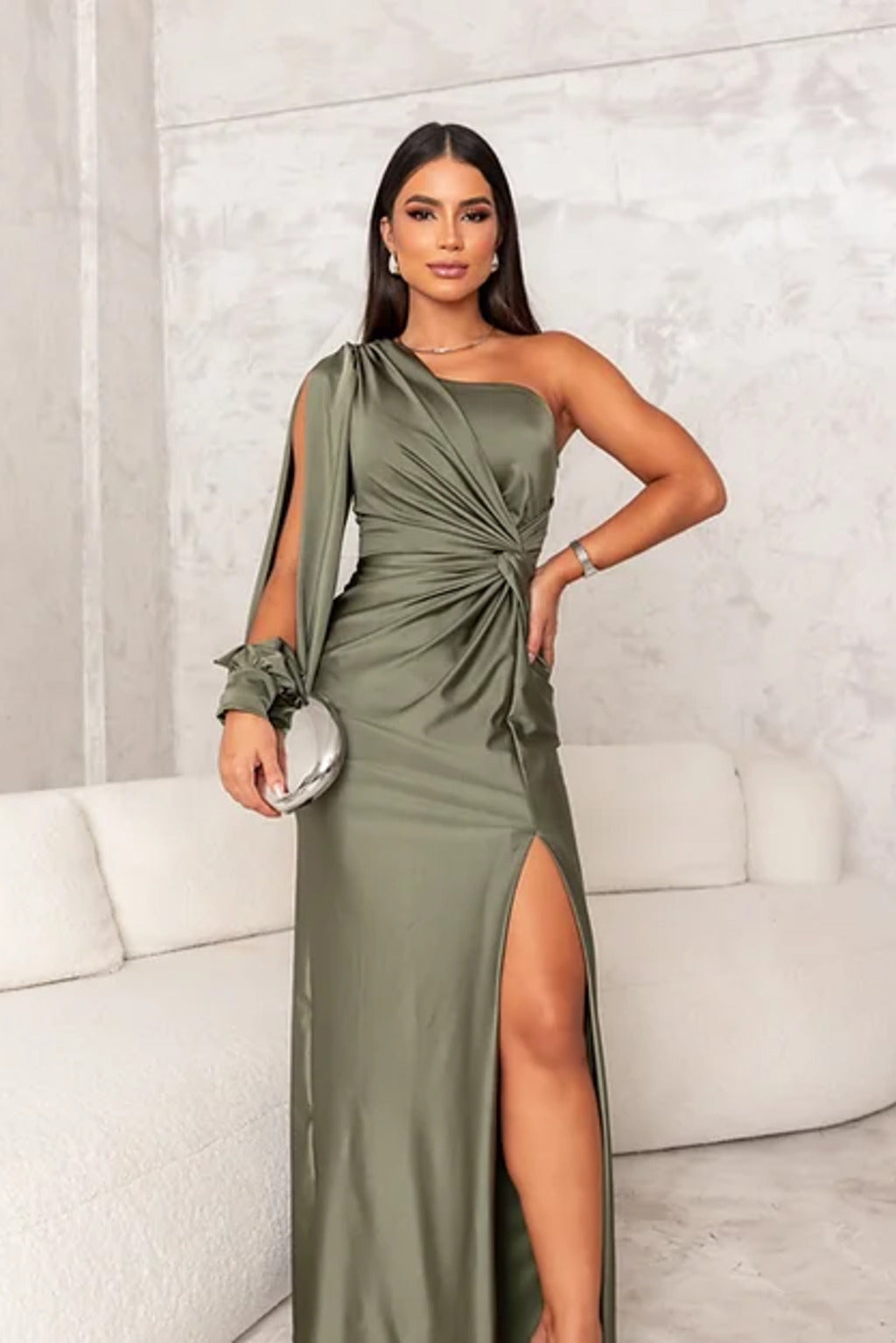 Women's one-shoulder formal maxi dress. Chic wedding guest gown, ideal for galas & evening parties.