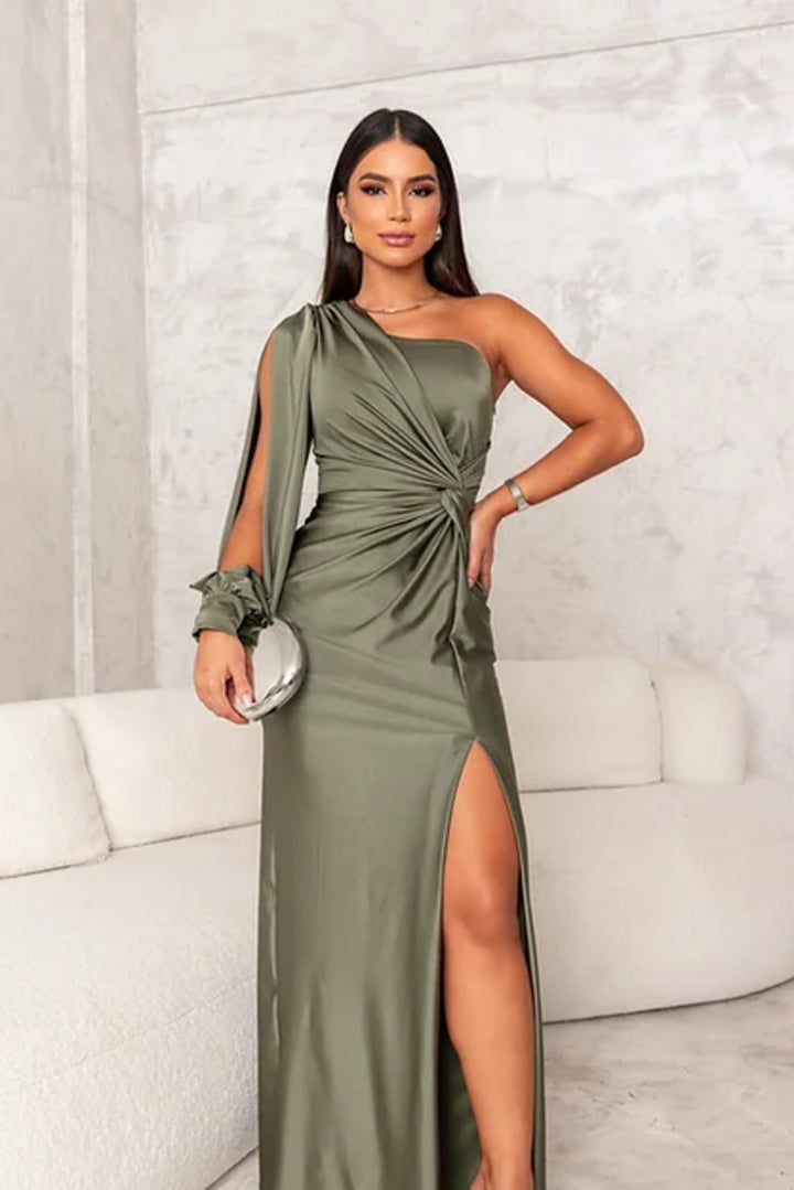 Women's one-shoulder formal maxi dress. Chic wedding guest gown, ideal for galas & evening parties.