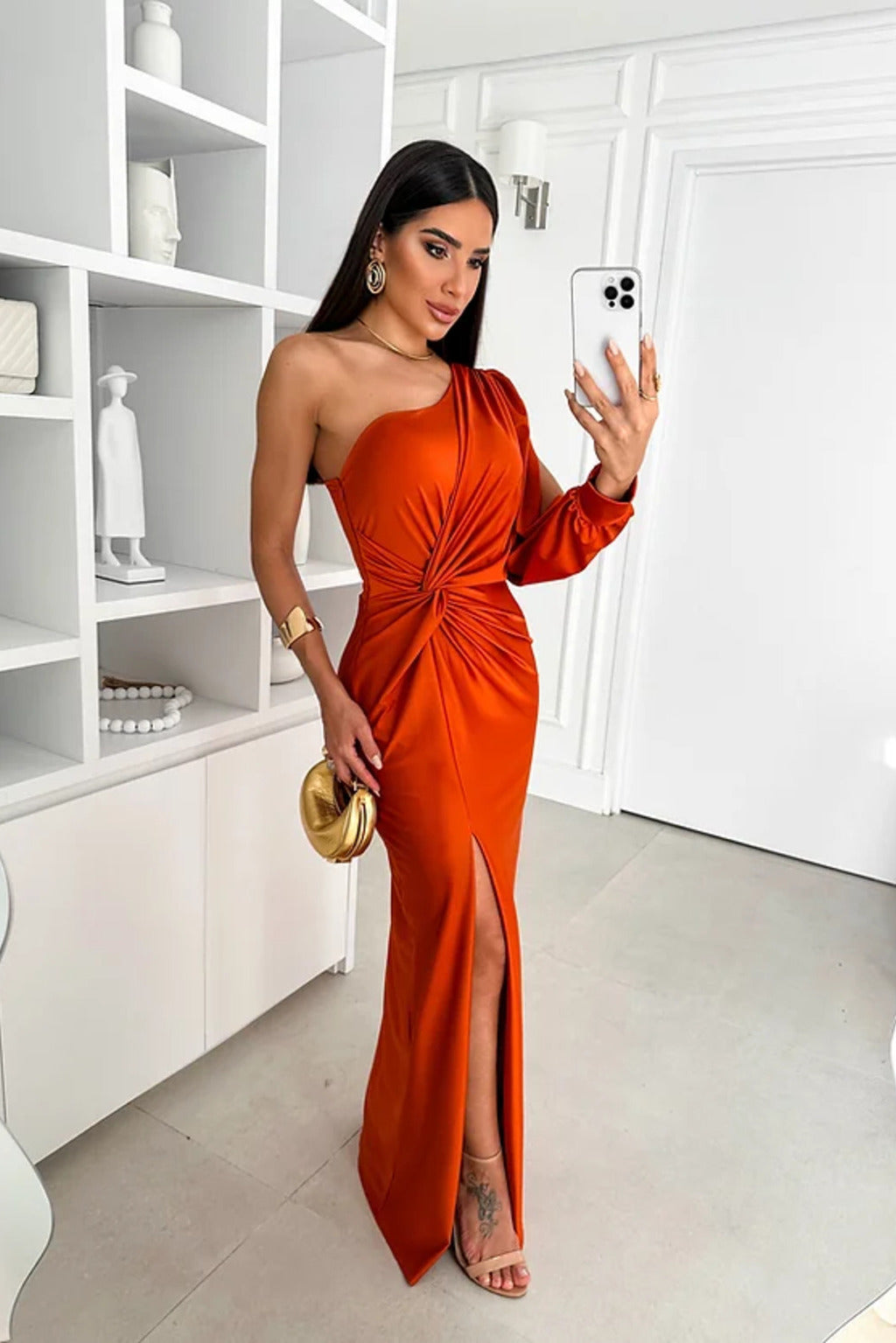 Formal one-shoulder maxi evening dress. Elegant women's long gown, perfect for wedding guests & galas.