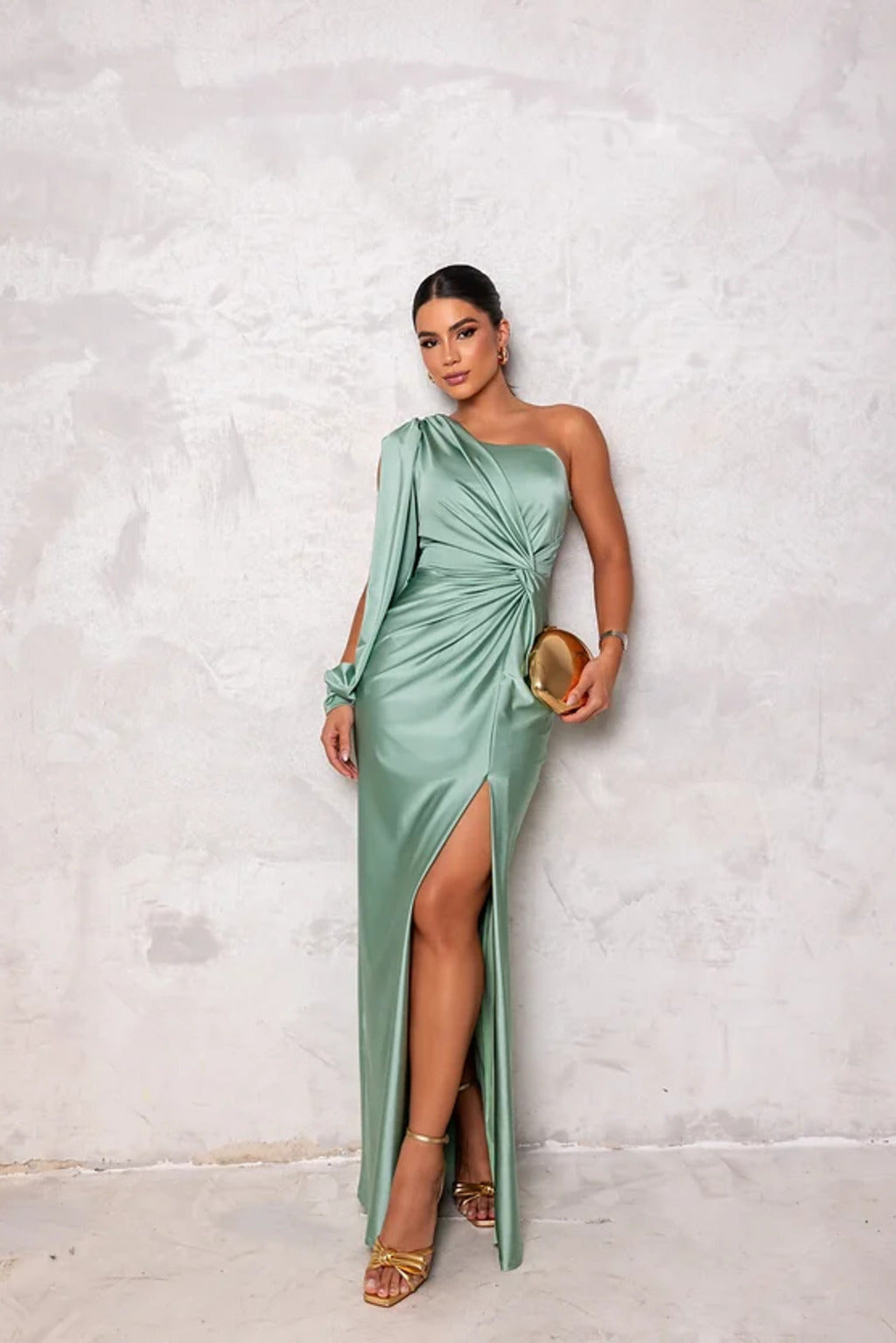 Wedding guest one-shoulder maxi dress. Elegant long formal gown for special events & evening wear.