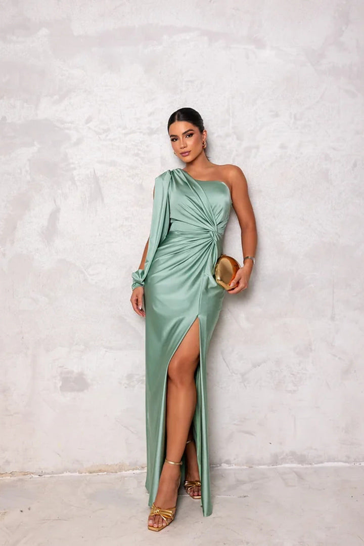 Wedding guest one-shoulder maxi dress. Elegant long formal gown for special events & evening wear.