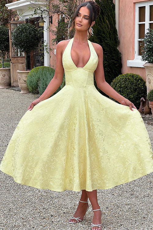 Classy pink floral wedding guest dress, midi, halter, corset.