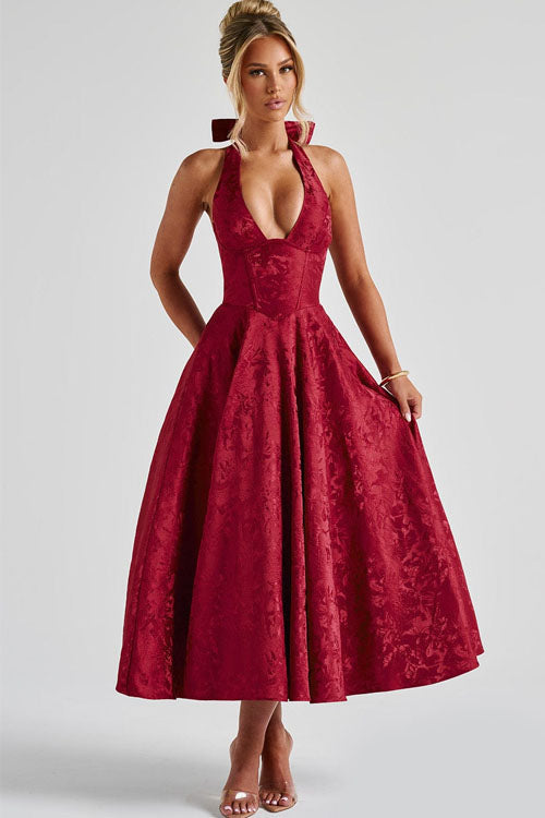 Wine red elegant floral midi dress for special occasions.