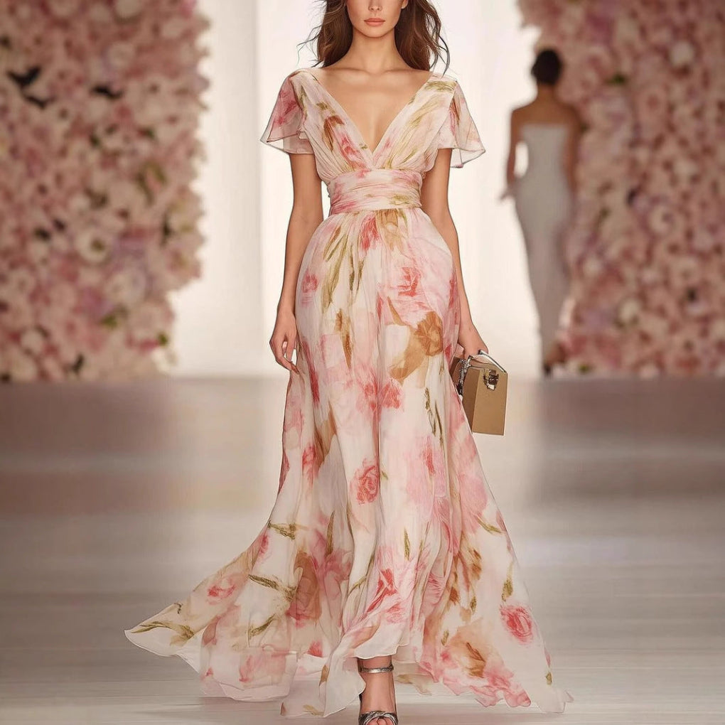 Elegant pink women's flutter sleeve fit & flare maxi dress, perfect for summer, parties, or vacation.