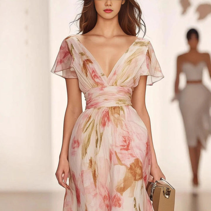 Flowy women's fit and flare maxi dress with flutter sleeves. Casual, elegant pink aline pullover dress.