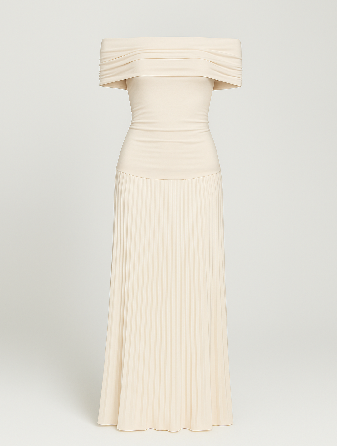 Beautiful women's pleated maxi dress, suitable as an elegant wedding guest outfit.