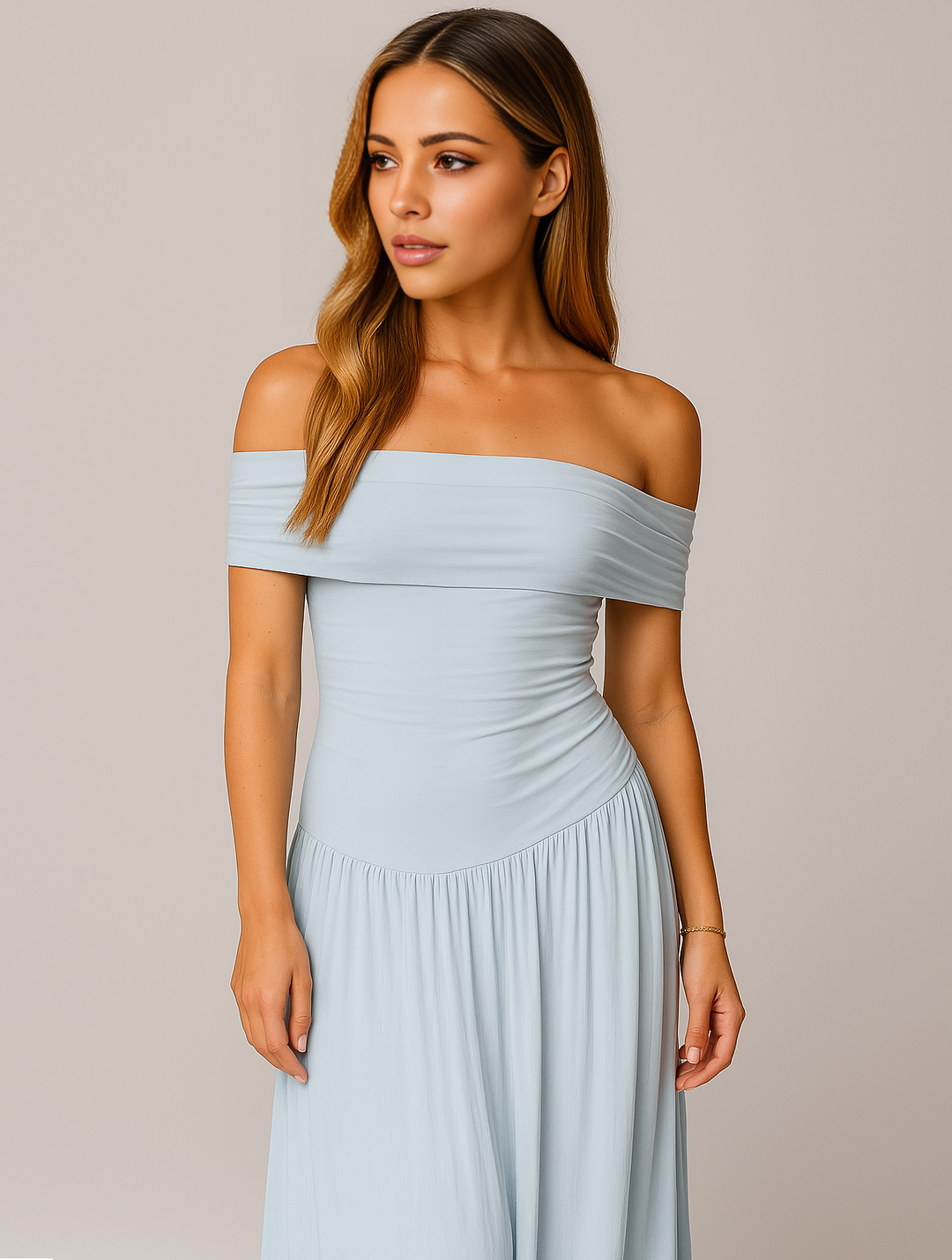 Stunning long pleated party dress, perfect women's apparel for wedding guests.