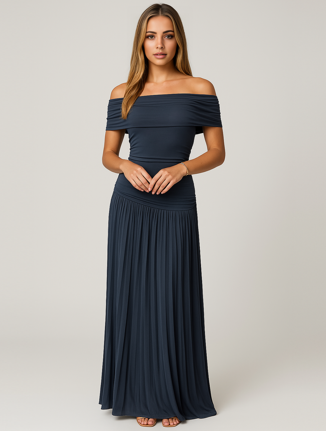 Elegant women's pleated evening dress, a charming and formal maxi length gown.
