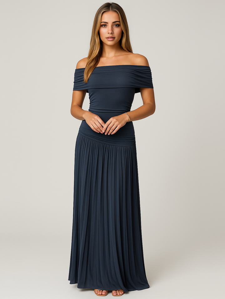 Elegant women's pleated evening dress, a charming and formal maxi length gown.