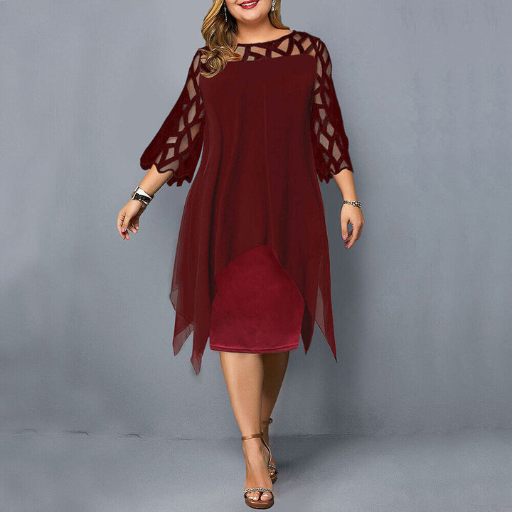 Elegant plus-size lace midi dress with round neckline and lace sleeves; perfect for any occasion.