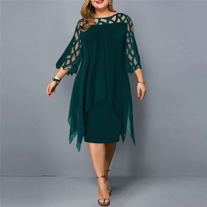 Elegant plus-size lace midi dress with round neckline and lace sleeves; perfect for any occasion.