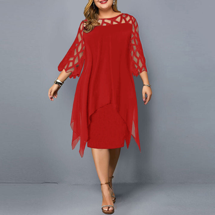 Elegant plus-size lace midi dress with round neckline and lace sleeves; perfect for any occasion.