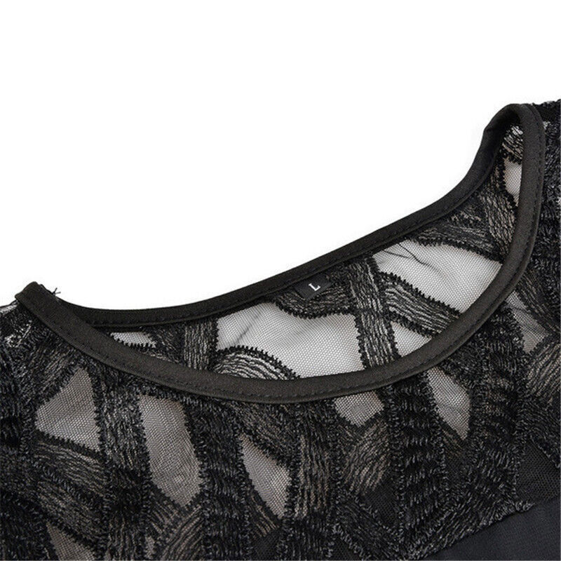Elegant plus-size lace midi dress with round neckline and lace sleeves; perfect for any occasion.