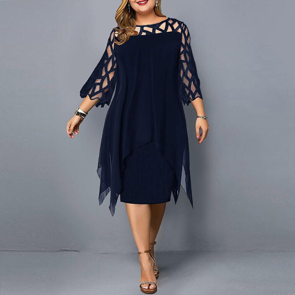 Elegant plus size midi dress for women, featuring chic lace sleeves & a flattering fit.