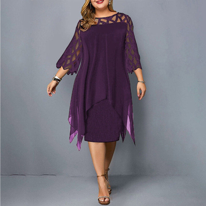 Curvy women's special occasion midi dress with elegant lace sleeves & crew neck.