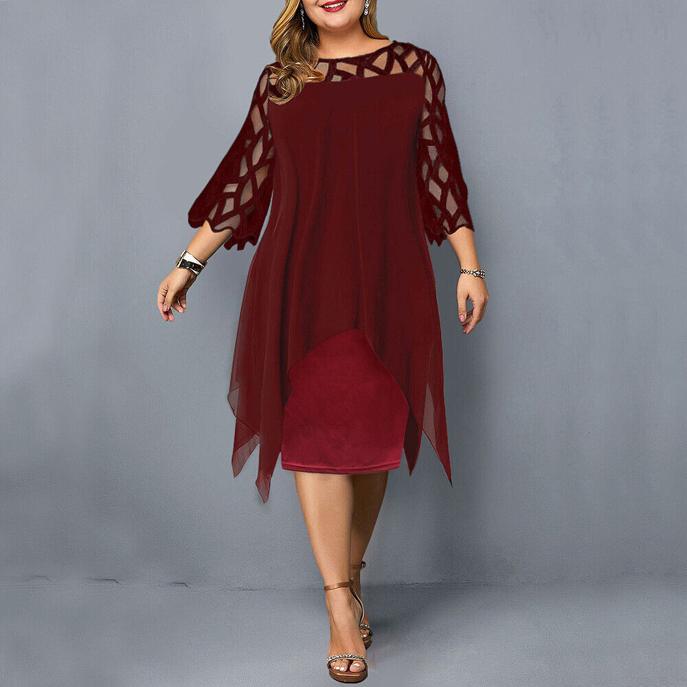 Fall fashion plus size midi dress, elegant with beautiful lace sleeves, perfect for events.