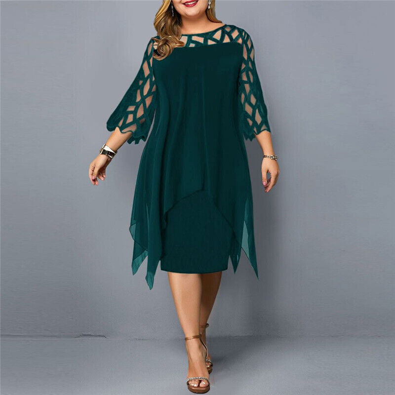 Stylish plus size midi dress with delicate lace sleeves & crew neck, ideal for evening wear.