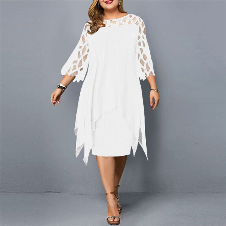 Chic plus size evening midi dress for women, featuring elegant lace sleeves & crew neckline.