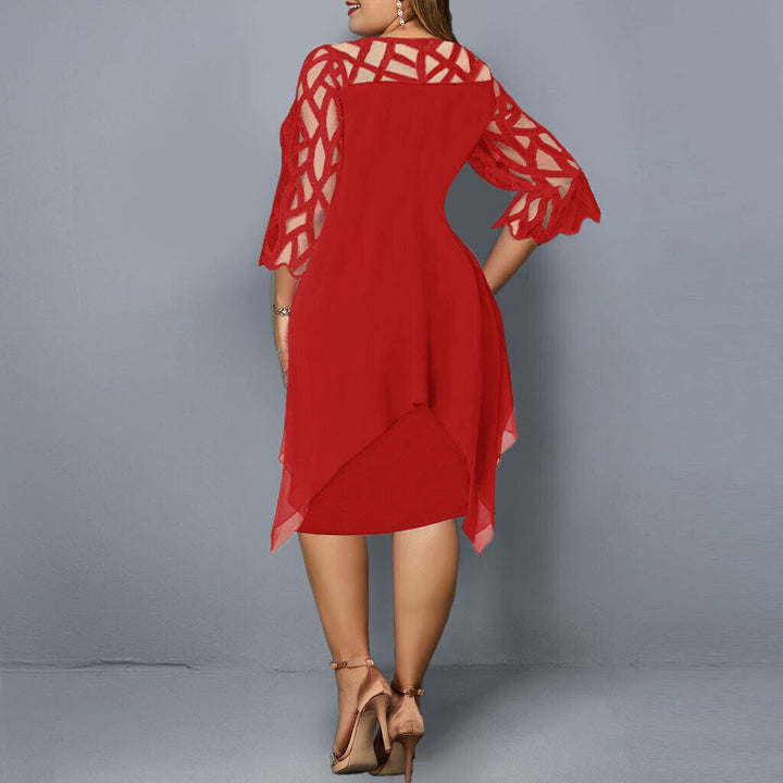 Flattering curvy women's midi dress, elegant design with sophisticated lace sleeves.