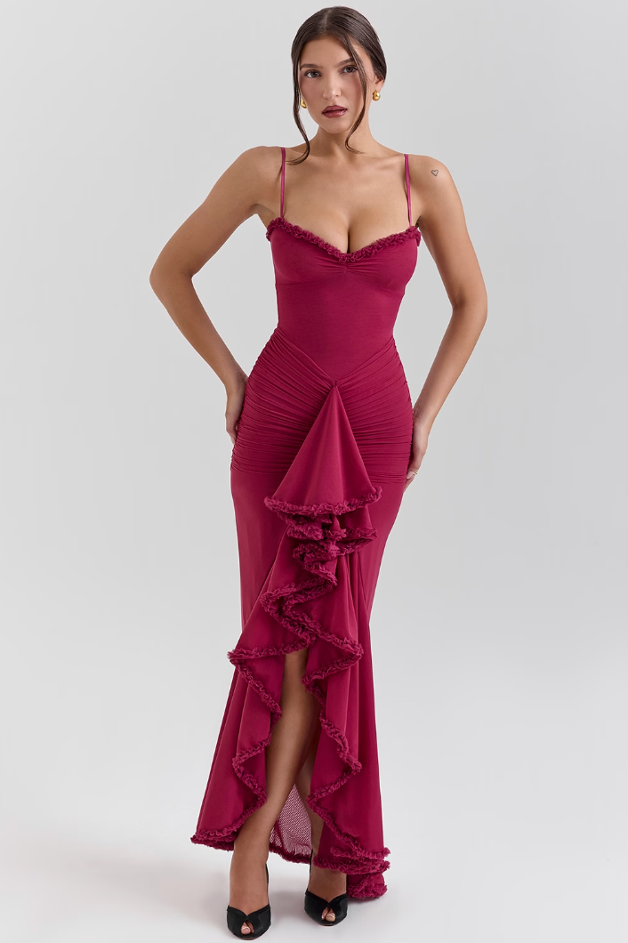 Beautiful elegant ruffle maxi dress for women, sophisticated occasion wear for formal events.