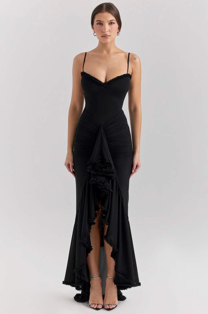 Chic women's elegant ruffle maxi dress, ideal evening gown or party wear for special events.