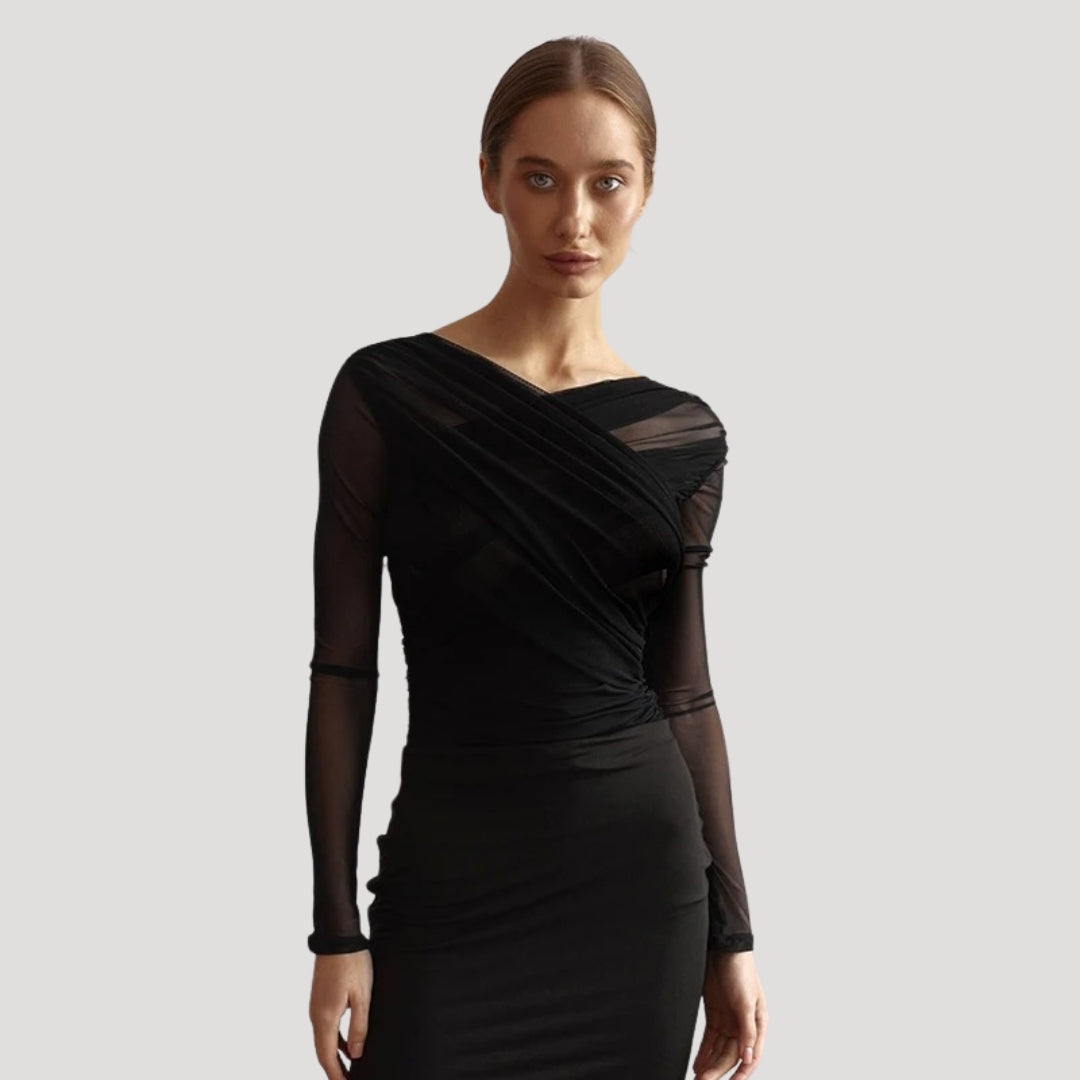 Elegant sheer wrap long-sleeve top for women, perfect for spring fashion.