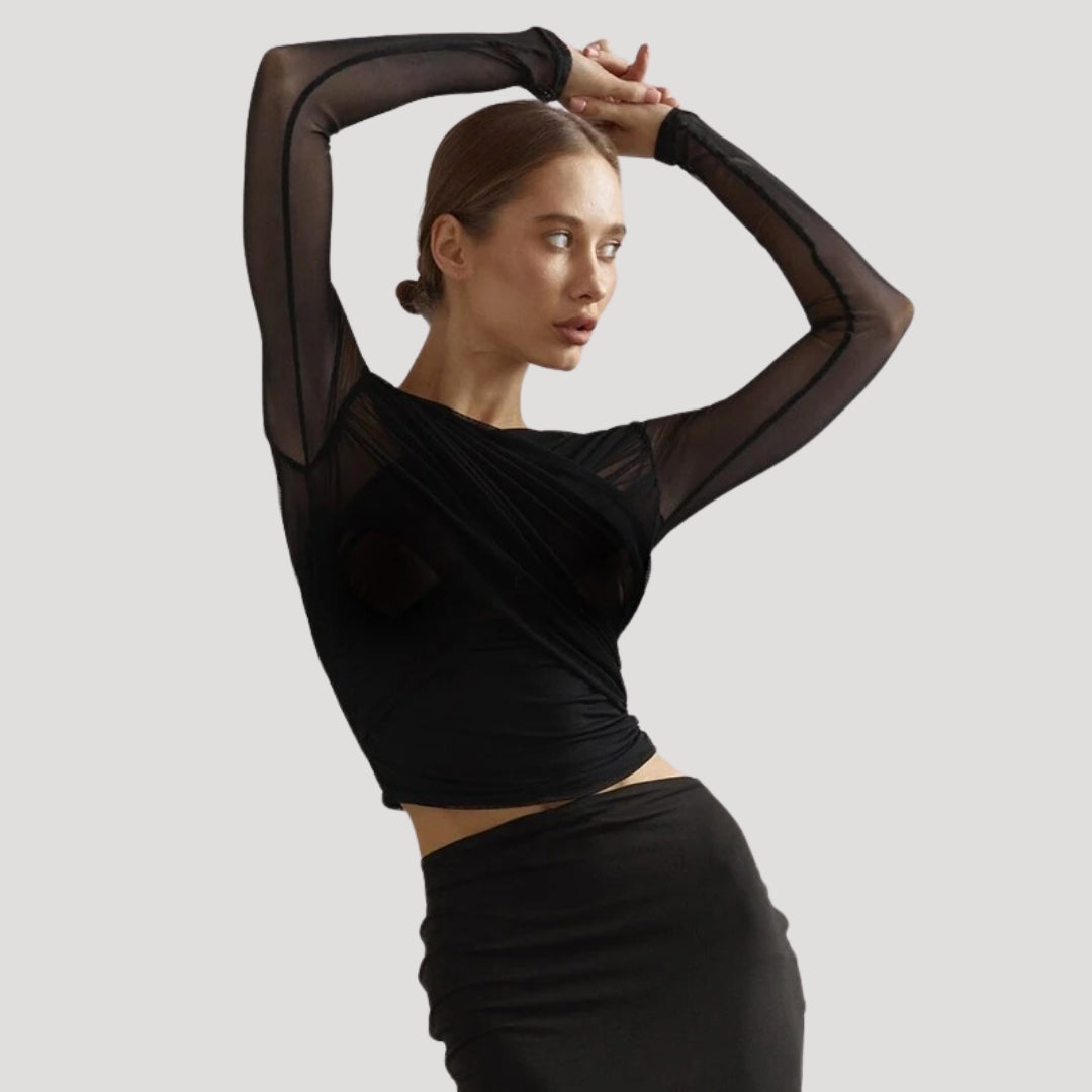 Lightweight women's sheer wrap top with long sleeves, versatile spring style.