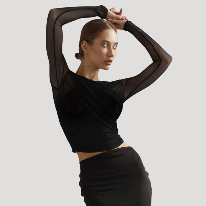 Lightweight women's sheer wrap top with long sleeves, versatile spring style.
